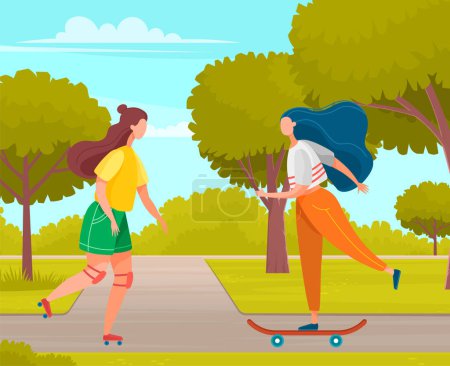 Illustration for Young people active lifestyle extreme sport set. Girls roller skating and riding skateboard. Hipster sports walk, hobby. Skateboarding and rollerblading. Teenagers have fun walking in city park - Royalty Free Image