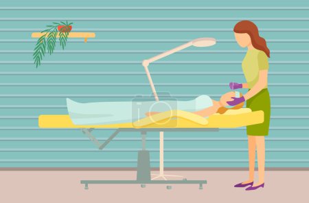 Illustration for Young woman getting facial massage in spa salon. Professional masseuse and female client lying on table covered with towel. Facial procedures, body care concept. Lady during massage of face - Royalty Free Image