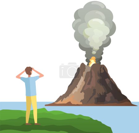 Illustration for Strong jet of effluent hot lava, white clouds over top. Erupting rock pinnacle volcano disaster with burning fire. Guy watching volcanic eruption with magma. Shocked man looking at volcano with lava - Royalty Free Image