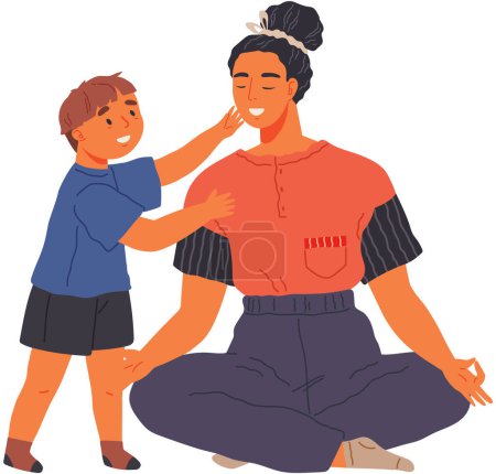 Illustration for Cheerful smiling son talking to mother doing yoga, woman spend time with little boy together. Child stretched out his hands forward asks mom to take him in arms. Happy family child care and parenting - Royalty Free Image