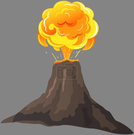 Etappen des Vulkanausbruchs stehen fest. Dampfender Vulkan, glühendes Magma nähert sich, Lava spritzt und breitet sich aus. Vulkanologie, Geologie, Erforschung des seismischen Aktivitätskonzepts. Ausbruch des Felsgipfels Vulkan