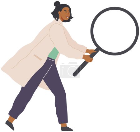 Illustration for Scientist makes new decision science. Researcher with loupe analyses test material. Idea of education, scientific developent. Woman in lab coat conducting experiment with magnifier, chemical research - Royalty Free Image