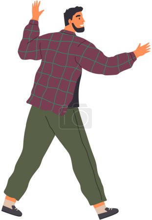 Illustration for Young man going somewhere isolated on white. Male person walking and making hand gestures late for event and tries to gain it on hurrying. Vector illustration of lateness in cartoon style flat design - Royalty Free Image