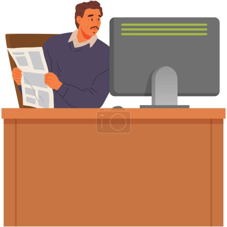 Illustration for Man working at home office. Journalist sitting at desk in room, looking at computer screen and reading newspaper. Employee doing work in office. Person at table with laptop watching news on internet - Royalty Free Image