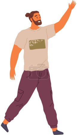 Illustration for Young man going somewhere isolated on white. Male person walking and making hand gestures late for event and tries to gain it on hurrying. Person raised his hand up stops taxi car, greeting somebody - Royalty Free Image