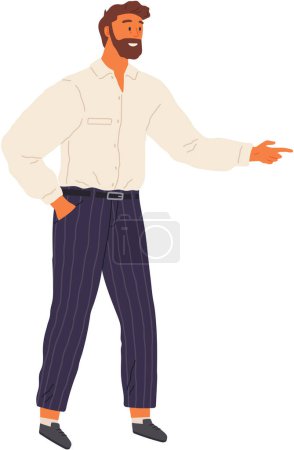 Illustration for Young man standing and points to something with his hand. Person talking to somebody with empty space. Male character gesturing, greeting. Boy with his hand up pays attention isolated on white - Royalty Free Image