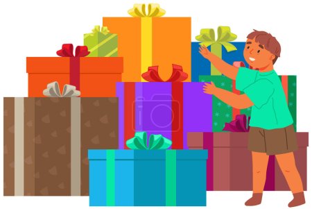 Illustration for Excited little boy kid rising hands in happiness gesture after receiving big pile of presents. Happiness for baby. Wrapped ribbon bows decorated gift boxes. Lots of holiday and birthday presents - Royalty Free Image