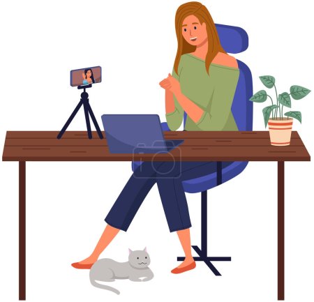 Illustration for Podcaster woman character in office room interior. Girl listening audio podcast and speaking at live streaming use smartphone and laptop on her vlog. Podcaster making, blogger, technology concept - Royalty Free Image