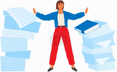 Illustration for A lot of paper work. Unorganized office work. Accounting paper documents piles, disarray in files. Routine paperwork vector business, overworked concept. Stressed woman engaged in work with documents - Royalty Free Image