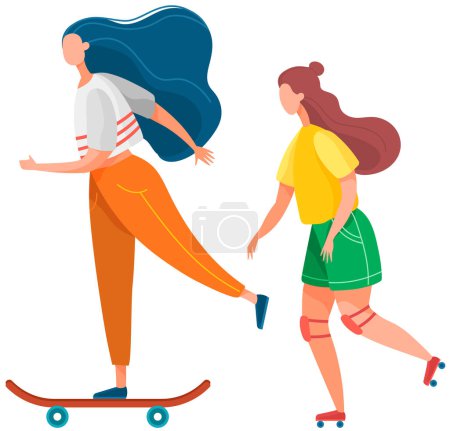 Illustration for Young people active lifestyle extreme sport set. Girls roller skating and riding skateboard. Hipster sports walk, hobby. Skateboarding and rollerblading. Teenagers have fun walking isolated friends - Royalty Free Image