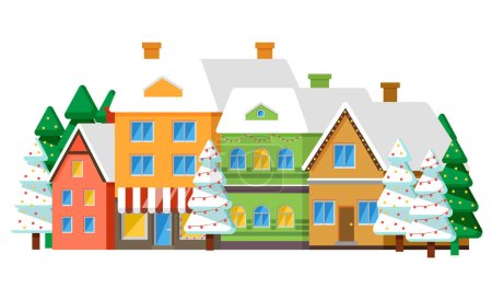 Illustration for Winter street with houses placed in row, isolated set of homes with lights in window. Roofs of buildings covered with snow. Estate of citizens with pine tree growing by chalet. Vector in flat style - Royalty Free Image