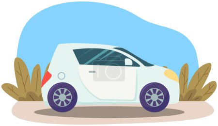 Vehículo hatchback compacto blanco con pequeñas ventanas azules y faros amarillos. Automóvil subcompacto, coche bebé. Ilustración vectorial de mini coche aislado sobre fondo blanco. Aparcado fuera del vehículo