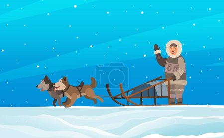 Illustration for Eskimo wearing fur clothes and sleigh with husky dogs. Man hunter waving hand in snow landscape with puppies and blizzard. Arctic expedition, riding sledge, frozen tundra vector illustration - Royalty Free Image