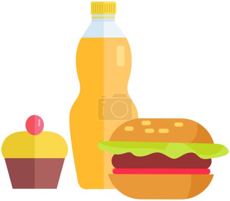 Illustration for Unhealthy nutrition, fat eating, overweight concept. Products for design fast food menu. Fastfood meals vector illustration. Hamburger with lemonade and cake. Burger, fizzy drink and cupcake - Royalty Free Image