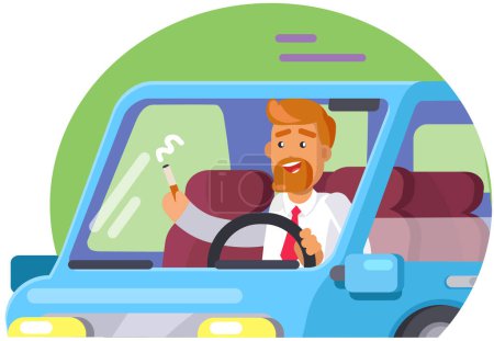 Illustration for Dangerous driving, bad habit, disaster concept. Man in car with cigarette. Driver smokes while driving. Male character smoking in automobile. Person with tobacco product in auto vector illustration - Royalty Free Image