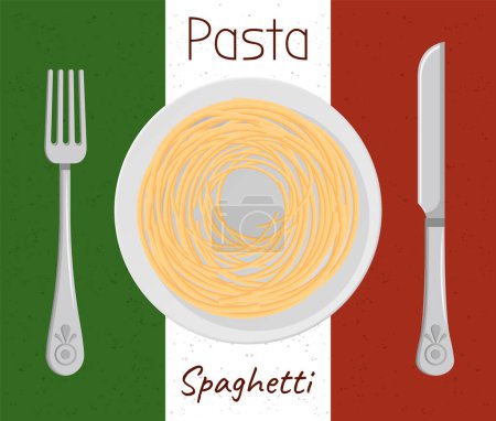 Illustration for Pasta with parmesan cheese italian cuisine. Spaghetti served on plate on national flag background. Vector hot meal on white plate, spaghetti. Concept of dinner in cafe, gourmet, nutrition ingredient - Royalty Free Image