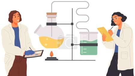 Illustration for Scientists make laboratory analysis with equipment. Idea of education, chemistry, science. Colleagues conducting scientific experiment, chemical research. Researchers work with liquid in flask - Royalty Free Image