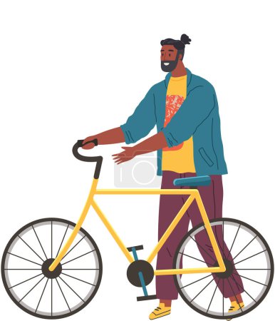 Illustration for Happy man standing near bicycle enjoying vacation or weekend activity vector Illustration. Eco-friendly transportation. African american male character goes pushing bike. Adventure, outdoors transport - Royalty Free Image