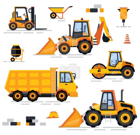 Illustration for Construction equipment set, heavy machine, forklift and barrow, brick and drill concrete mixer, tractor and lorry. Professional engineering objects on white. Special machines for the construction work - Royalty Free Image