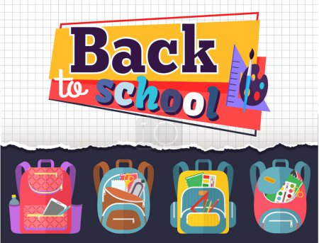 Illustration for Colored school backpack. Education and study back to school, schoolbag luggage, rucksack vector illustration. Kids school bag with education equipment. Backpacks with study supplies. Student satchels - Royalty Free Image
