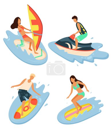 Illustration for Water sports and fun summertime vector, isolated people hobby. Woman windsurfing and surfing man, transport jet ride. Character by seaside resort. Flat cartoon. Summer activity - Royalty Free Image