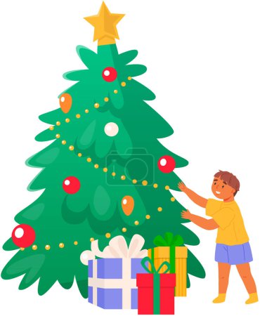 Happy child dresses up Christmas tree. Boy unwinds garland. Parents with kid decorate house for holiday in cozy winter evening, preparing for xmas and new year holidays. Fir tree and gifts in boxes