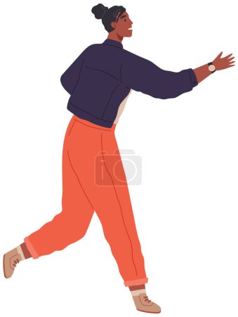 Illustration for Young woman going somewhere isolated on white. Female person walking and making hand gestures late for event and tries to gain it on hurrying. Vector illustration of lateness person in movement - Royalty Free Image