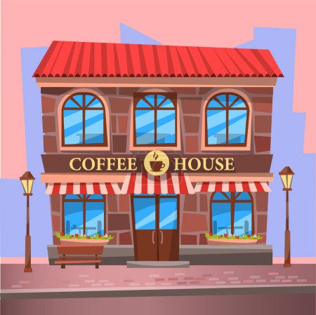 Illustration for Coffee house and city background. Central cafe on street with lamp posts and wooden bench. Urban cafeteria, public place, building facade vector illustration - Royalty Free Image