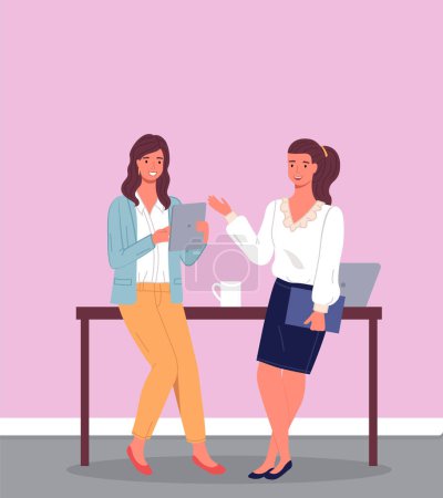 Illustration for Two employees, colleagues or business women standing leaning on brown desk. Project discussion, business meeting, coffee break. Pink walls, laptop on the table. Office interior. Flat vector image - Royalty Free Image