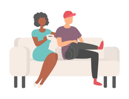 Mann und Frau sitzen auf weißem Sofa und trinken Kaffee. Menschen im Empfangsraum auf bequemen Sofa mit Heißgetränk, Karikatur afroamerikanische Dame