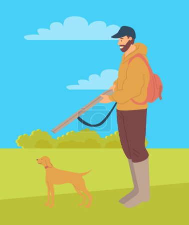 Illustration for Huntsman with rifle and hunting dog pointer isolated. Vector bearded man and puppy purebred for hunt, pedigree hound or retriever in flat style - Royalty Free Image