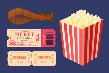 Illustration for Cinema ticket admission vector, access to watch movies, film recorded on tape isolated icons set. Package of popcorn, cooked salty snack, weekend activity - Royalty Free Image