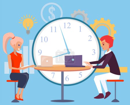 Illustration for Meeting of business partners, man and woman dealing with working tasks and assignments. Secretary with laptop clock and cogwheel with lightbulb. Vector illustration in flat cartoon style - Royalty Free Image