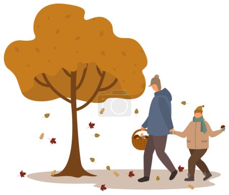 Illustration for Father and son gathering mushrooms in autumn forest vector. Family members walking together holding hands. People in fall wood picking boletus, fungus in basket. Mushrooming season illustration - Royalty Free Image