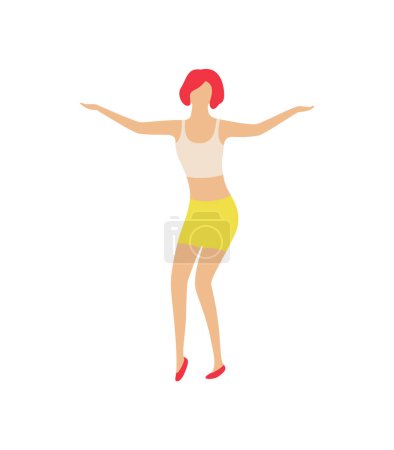 Illustration for Pretty woman dancer in white shirt and yellow short skirt dancing isolated character. Vector girl entertain at nightclub, clubber on disco party. Vector illustration in flat cartoon style - Royalty Free Image