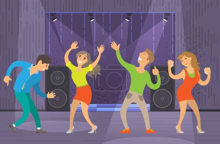 Illustration for Young girls and guy spending time together at party, Man and women dancing and having fun in club. Group of friends while dancing in nightclub. Dance, entertainment, pastime recreation concept - Royalty Free Image