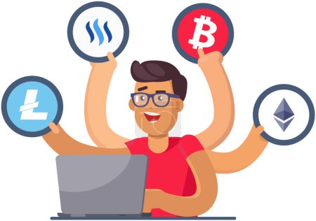 Illustration for Man invests in cryptocurrency. Stock market program, digital system. Trading platform for online earning, passive income. Multitasking man working with internet currency and blockchain technology - Royalty Free Image