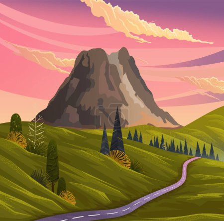 Paysage montagneux, vue panoramique abstraite sur le coucher du soleil lilas. Fond volcanique de montagne. Vue sur la montagne avec volcan dormant et ciel nuageux. Beaux paysages de la nature illustration vectorielle