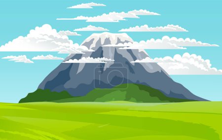 Illustration for Mountains landscape, abstract lilac sunset panoramic view. Mountainside volcanic background. View of mountain with dormant volcano and cloudy sky. Beautiful scenery of nature vector illustration - Royalty Free Image
