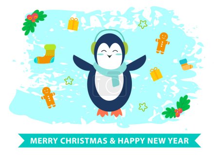 Illustration for Handwritten winter season inscription. Congratulation text, creative style of wish card. Happy new year, merry christmas lettering, decorated greeting. Cute penguin on background of winter symbols - Royalty Free Image