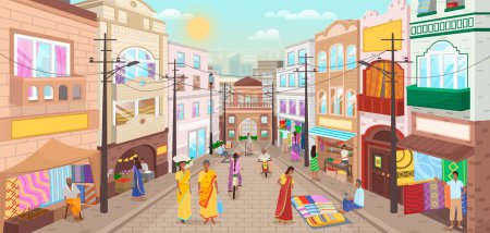 Illustration for Southeast asian traditional bazaar, indian seller sell pottery, bowls and plates. Woman shopper at street market with authentic goods. Local trade. Indian merchant marketplace with handmade dishes - Royalty Free Image