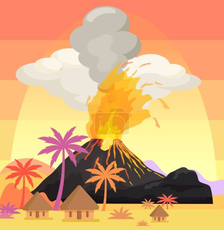Illustration for Strong jet of effluent hot lava. Erupting rock pinnacle volcano disaster with burning fire. Volcanic eruption mountain with magma in exotic village. Volcano with lava on tourist tropical island - Royalty Free Image