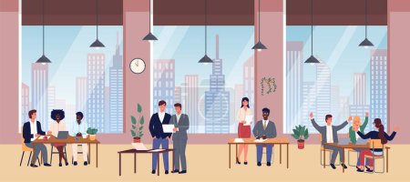 Illustration for Office staff, work and communication. Head and subordinates. Various workers, managers team. Top managers employees of different levels. Office workers. Co-workers. Colleagues discuss project teamwork - Royalty Free Image