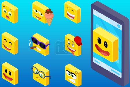 Illustration for Different emoji set, isolated emoticon showing emotions. Happy yellow face with black mouth and eye, character for media. Feelings of bald head expressing feelings. Emoji sticker for social network - Royalty Free Image