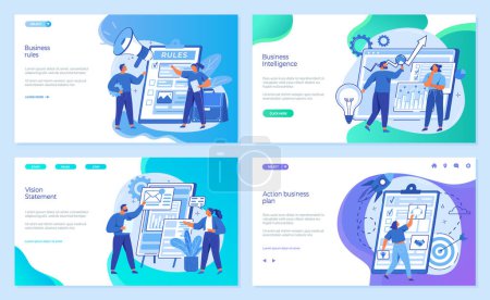 Illustration for Intelligence, rules, action business plan, vision statement concept. Websites landing page templates set. People work with financial data for business development. Colleagues work with project - Royalty Free Image