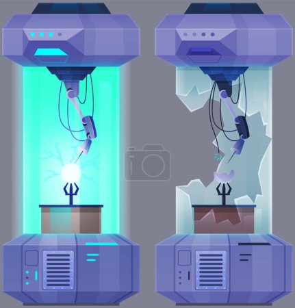 Illustration for Scientific lab. Study of technology in machinery equipment before and after failed test or experiment, make research on professional apparatus. Modern laboratory plant, physical tests with electricity - Royalty Free Image