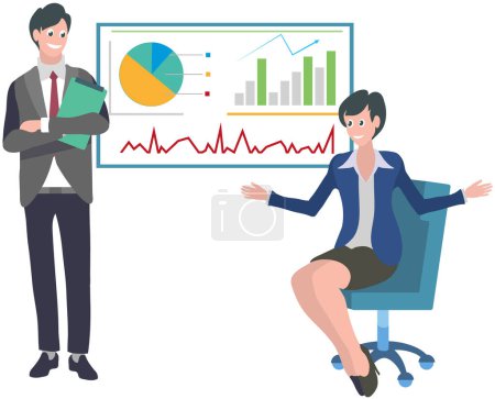 Illustration for Data analysis concept. People analyzing growth charts. Business data researching. Increase sales and skills. Analytics team monitoring investment result. Finance report graph. Charts and diagrams - Royalty Free Image