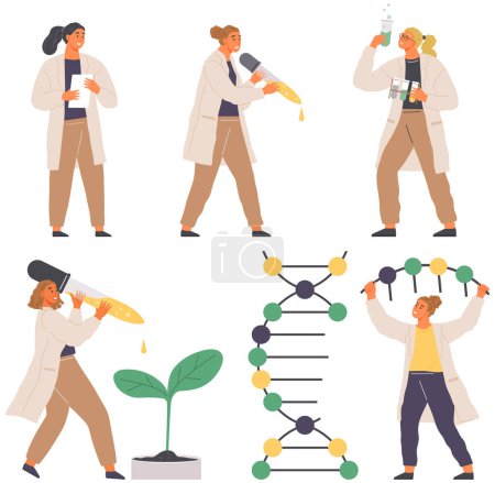 Illustration for Scientist makes laboratory analysis with equipment. Idea of chemistry, science. Laboratory assistant conducts scientific experiment, chemical research works with flask, plants and DNA molecules - Royalty Free Image