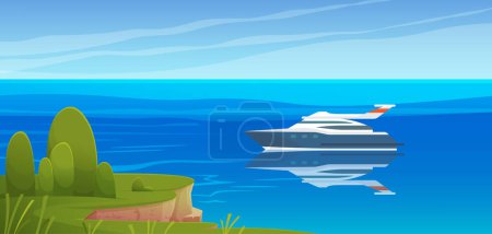 Ilustración de Barco a motor navegando a lo largo de la costa. Viajar en yates por concepto de mar. Velero, yate moderno en ilustración de vectores de mar abierto. Barco a motor en el agua en el día soleado. Hermoso paisaje en el océano y el barco - Imagen libre de derechos