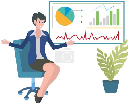 Woman sitting at flipchart with diagram. Presentation board with statistical data. Business report showroom with poster and lecturer. Business woman demonstrates results of statistical research